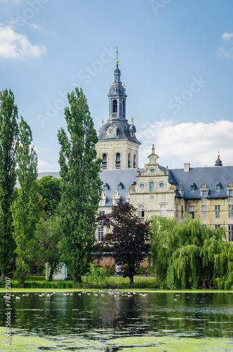 Ancient abbey church on lake with birds