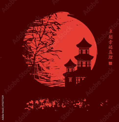 Autumn tree and two pagodas on a red moon.