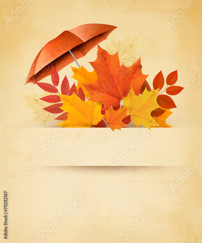Autumn background with autumn leaves and red umbrella. Vector.