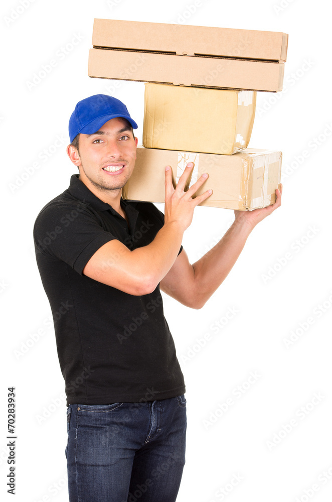 happy friendly confident delivery man carrying boxes