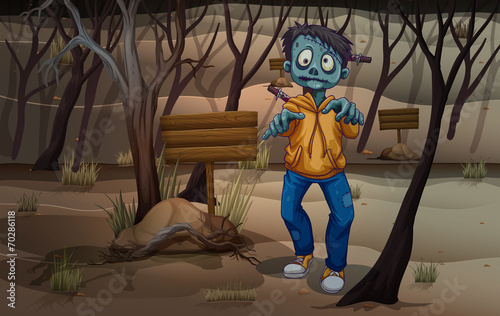 A forest with a zombie and empty signboards