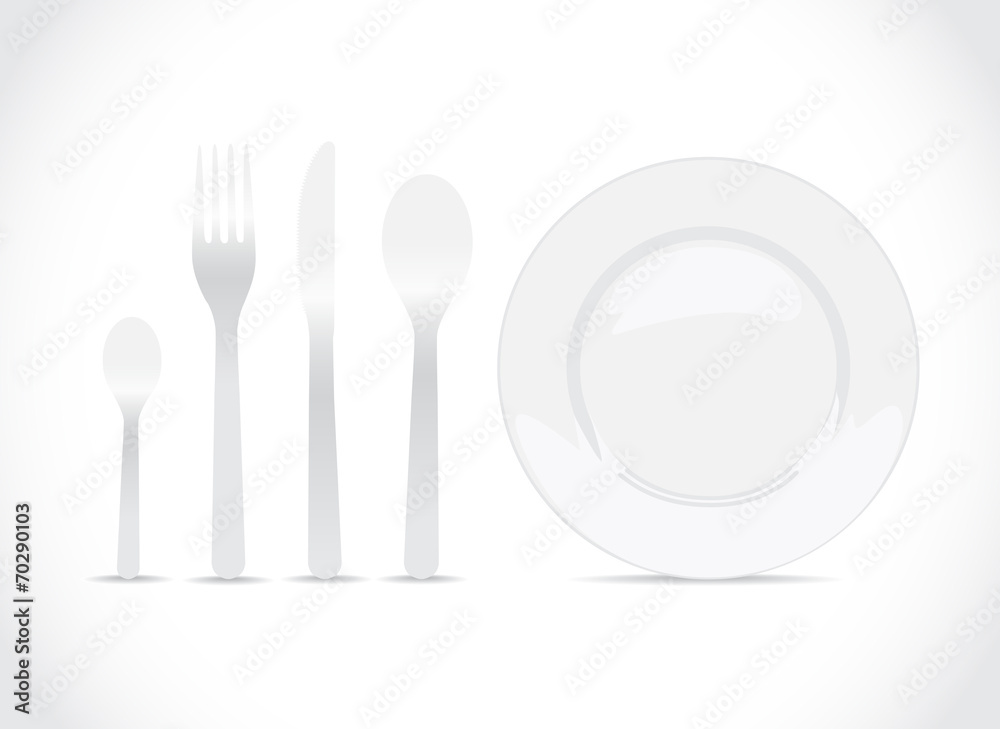 Spoon, knife, fork and plate - illustration with shadows Spoon, knife, fork and plate - illustration with shadows