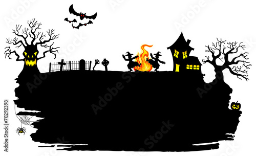 Hexen tanzen um ein Feuer an Halloween