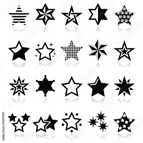 Stars black icons with reflection isolated on white