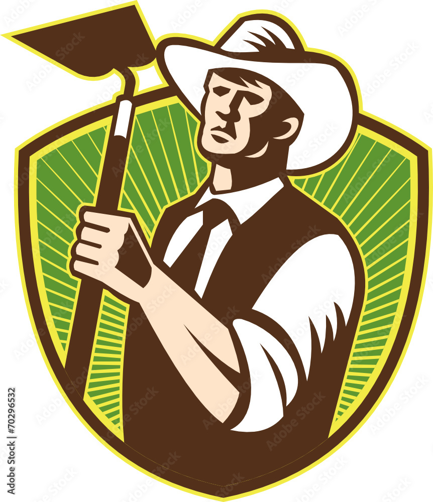 Organic Farmer Holding Grab Hoe Shield Organic Farmer Holding Grab Hoe Shield