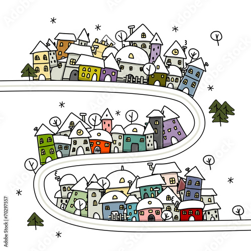 Road and houses, winter cityscape cartoon for your design