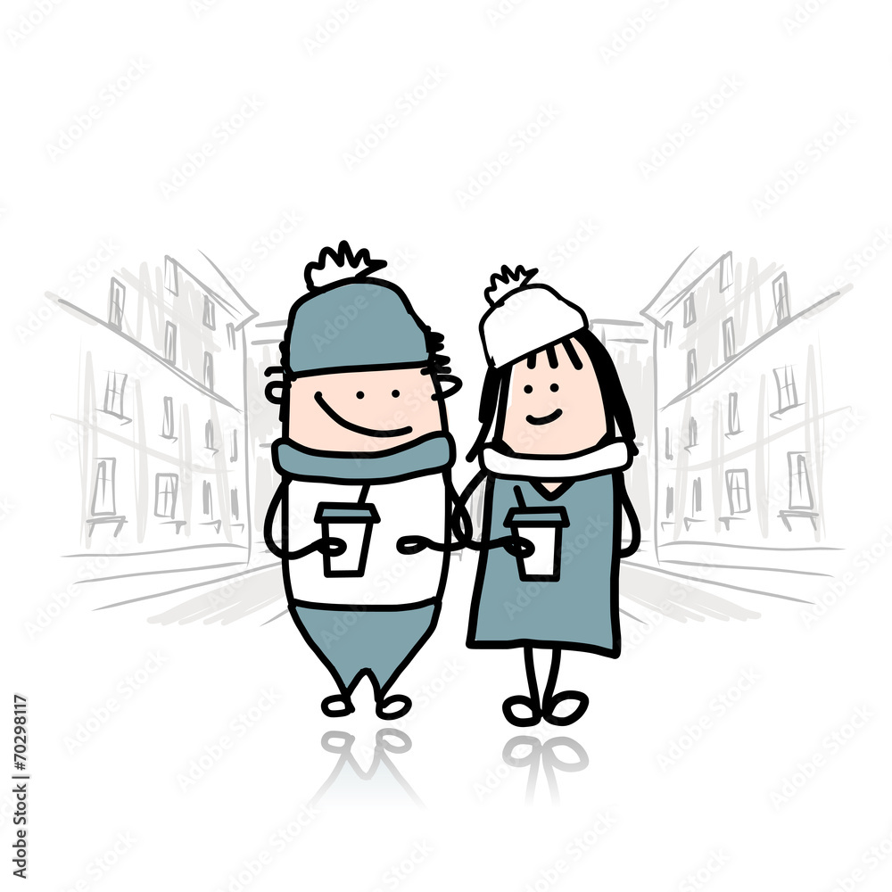 Obraz premium Couple walking in city with coffee cups