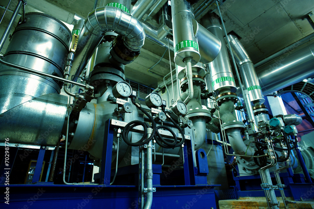 Industrial zone, Steel pipelines in blue tones Industrial zone, Steel pipelines in blue tones