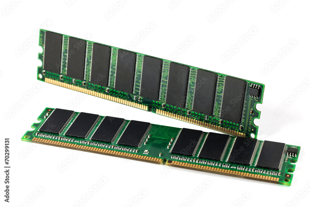 A shot of two DDR RAM sticks isolated on white A shot of two DDR RAM sticks isolated on white