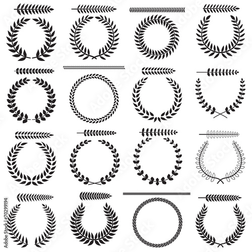 Set of silhouettes of laurel wreaths and branches
