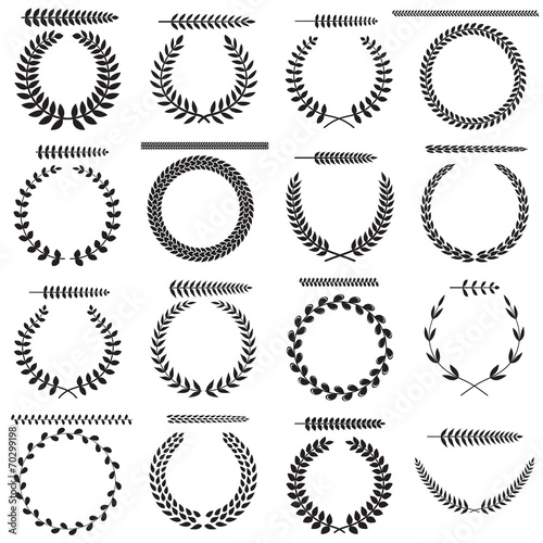 Set of silhouettes of laurel wreaths and branches