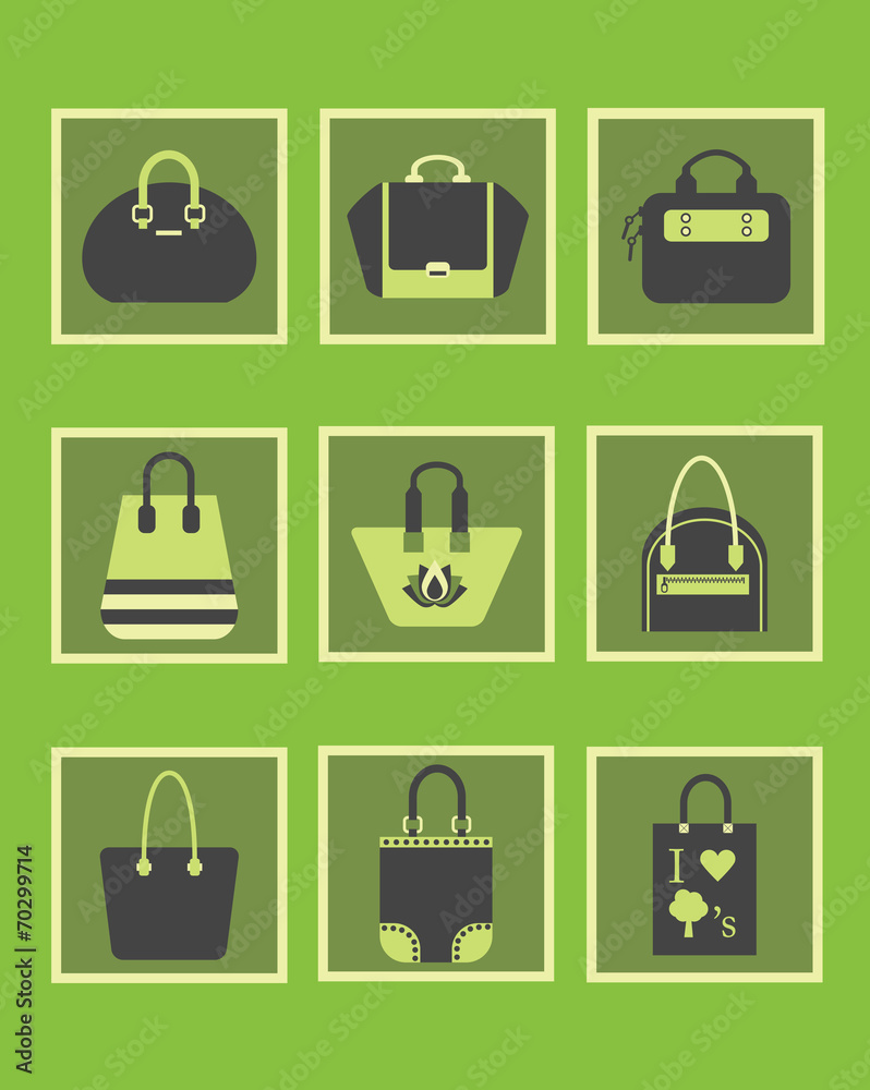 Unique green women purse and hand bags icons set Unique green women purse and hand bags icons set