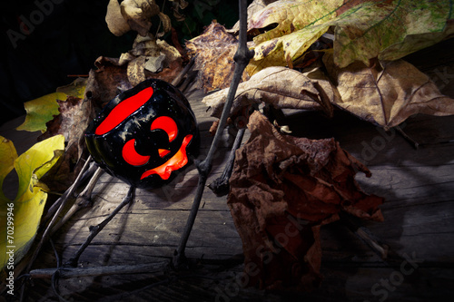 Black halloween pumpkin with autumn leaves on vooden table photo