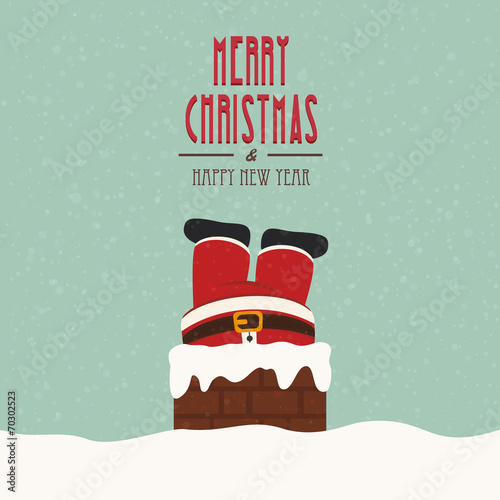 santa stuck in chimney vintage snow background