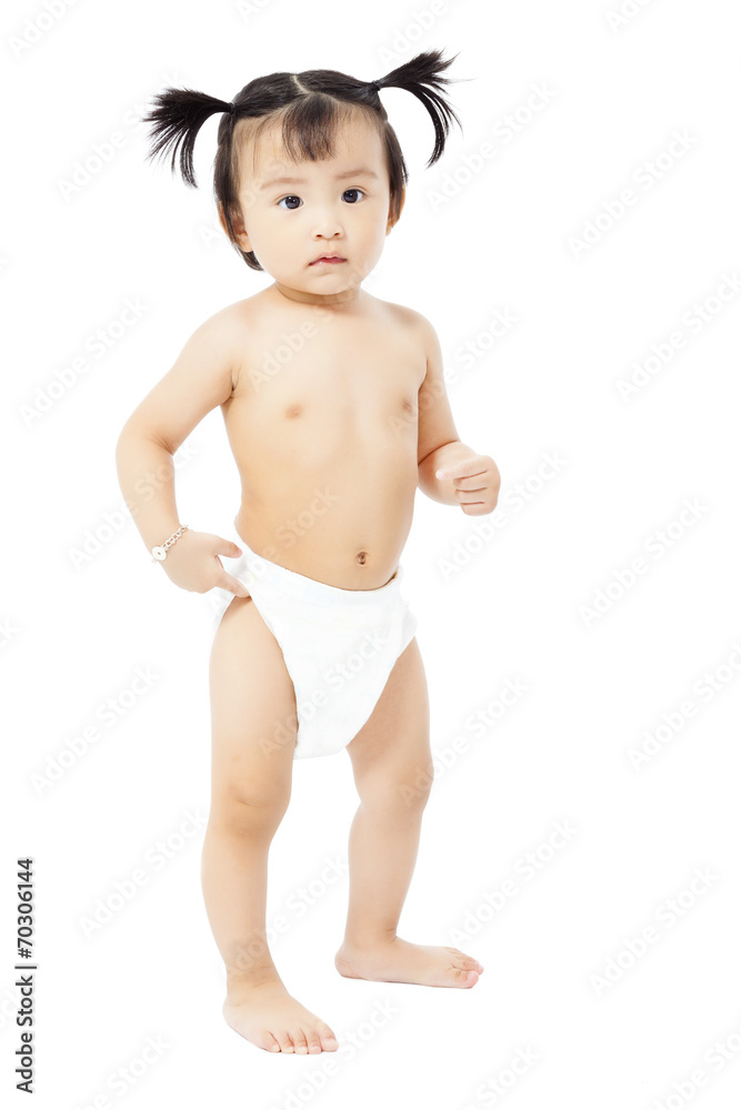cute baby girl in a diaper standing. isolated on white cute baby girl in a diaper standing. isolated on white