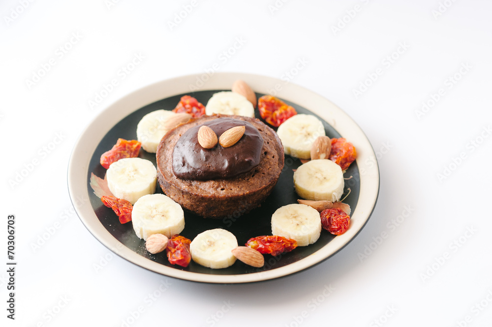 Handmade breakfast chocolate souffle and fruits Handmade breakfast chocolate souffle and fruits