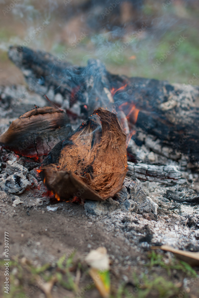 Coconut husks with fire Coconut husks with fire