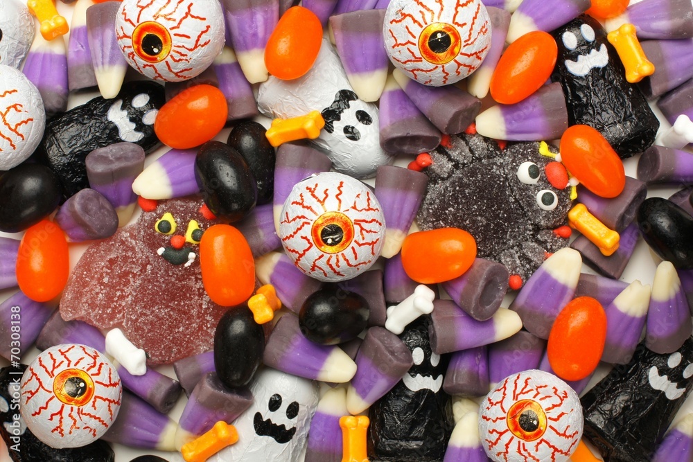 Halloween background of mixed candies