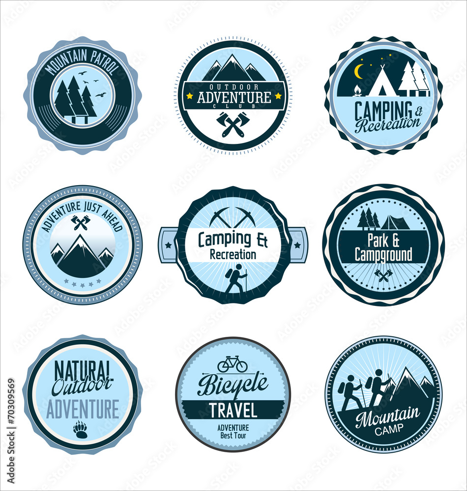Obraz premium Set of outdoor adventure retro blue labels