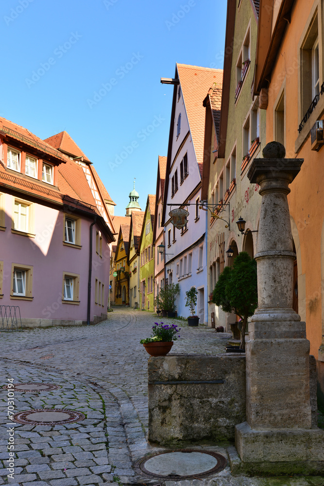 Street of town Rotenburg on Tauber in Germany. Facades of the ho
