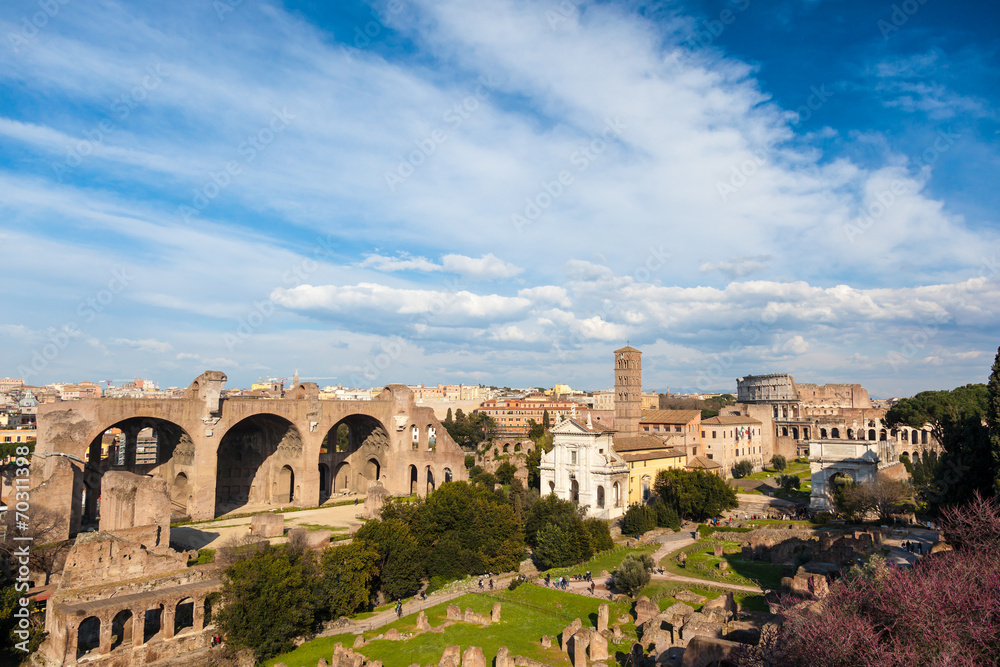 Italian landmarks: the ancient Roman Forum and colosseum