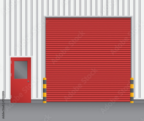 Roller door or roller shutter. Also called security door or security shutter. For protect residential, commercial and industrial building i.e. house, factory, warehouse, hangar. Vector illustration.