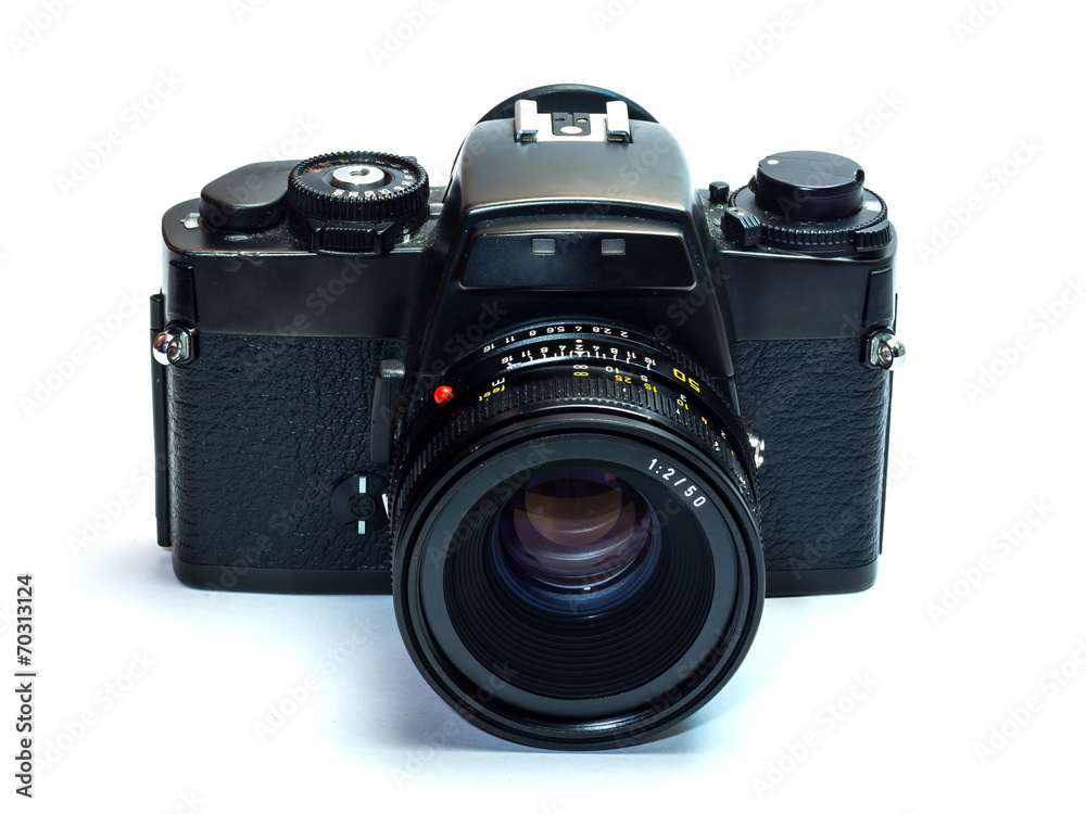 Fototapeta premium Classic film camera with normal lens isolation on white