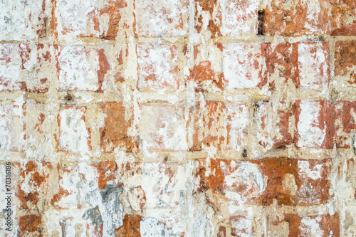 Background of old wall of red brick with clay masonry scuffed