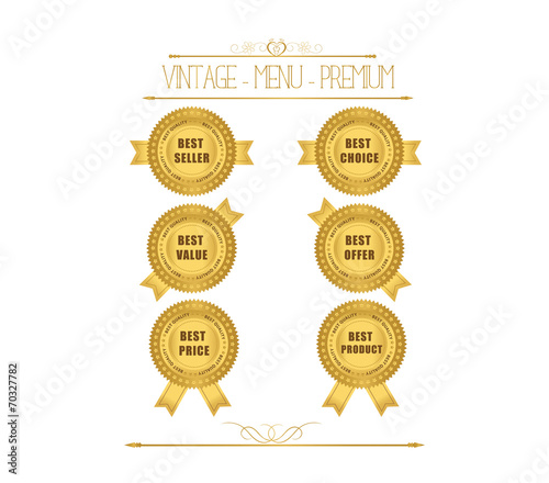 Set of blank round polished gold metal badges on white