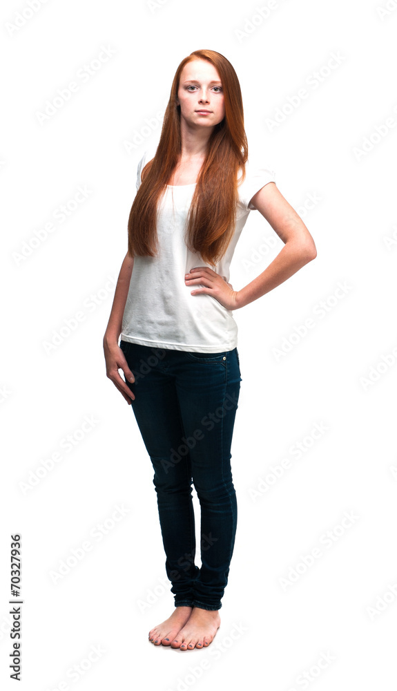 Beautiful girl in a white T-shirt. Isolated on white background Beautiful girl in a white T-shirt. Isolated on white background