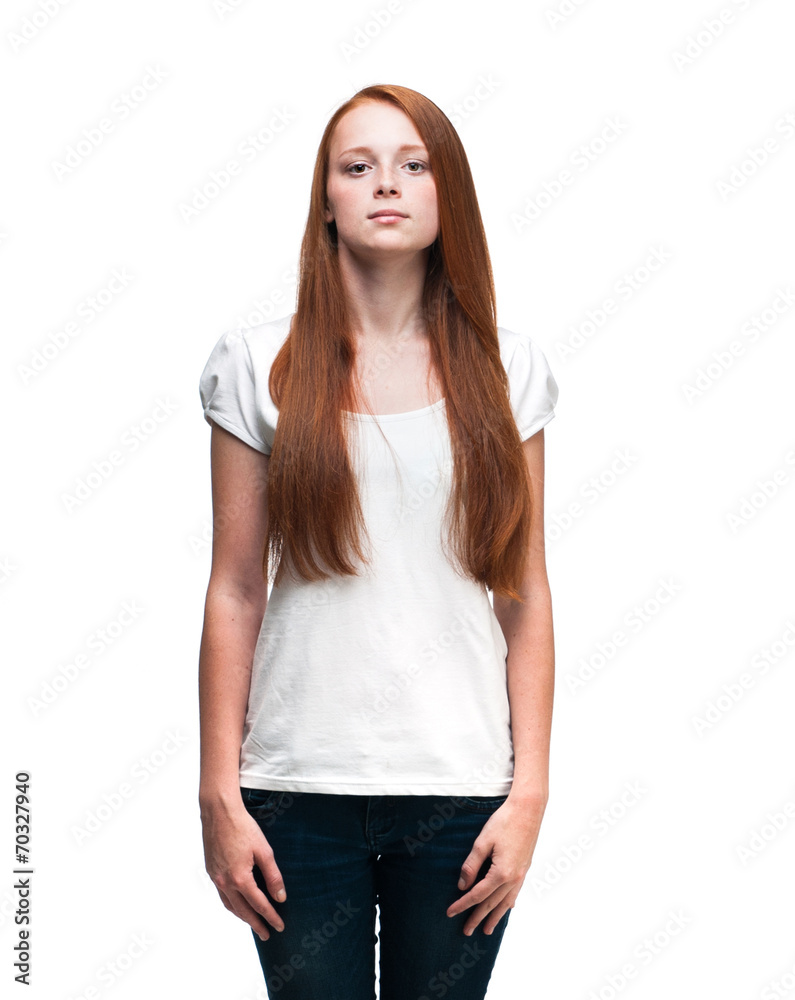 Beautiful girl in a white T-shirt. Isolated on white background