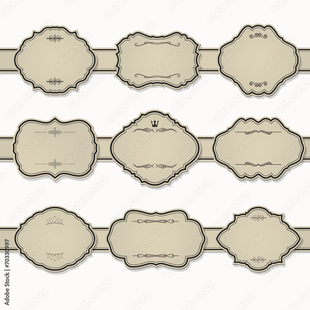 Frame and label set on ribbon. Calligraphic design elements. Frame and label set on ribbon. Calligraphic design elements.