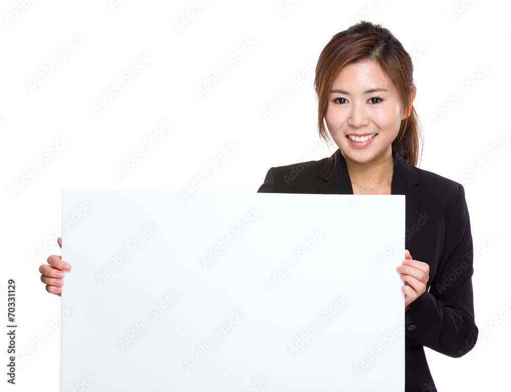 Businesswoman hold with white poster Businesswoman hold with white poster