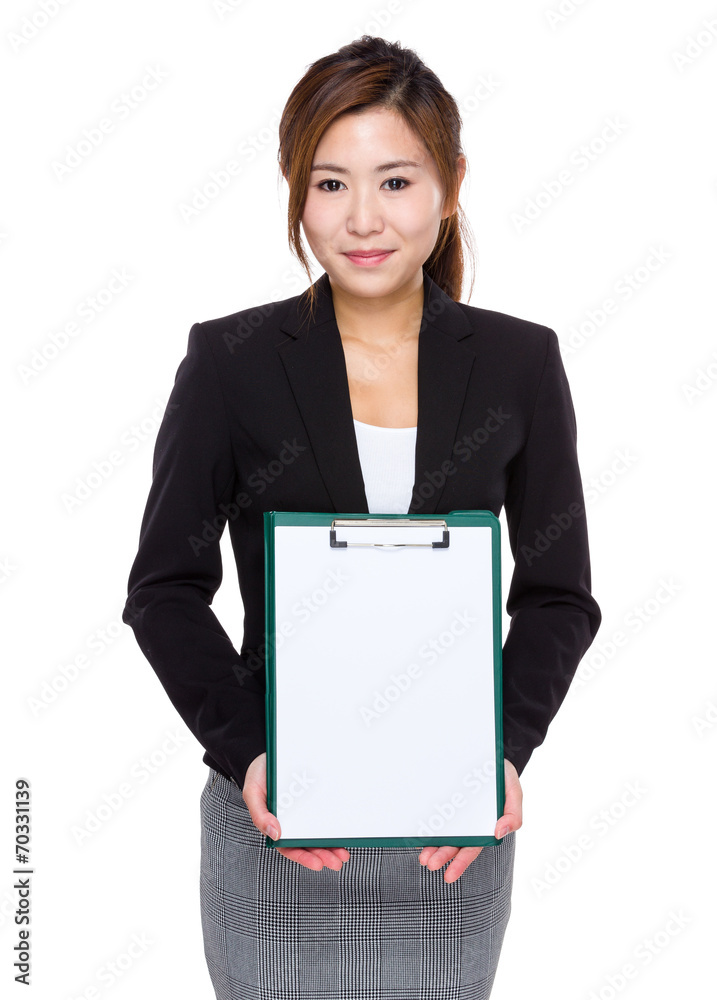 Businesswoman show with white paper of clipboard Businesswoman show with white paper of clipboard