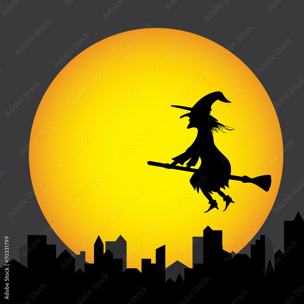 Fototapeta premium witch in the city , witch in front of moon , halloween day