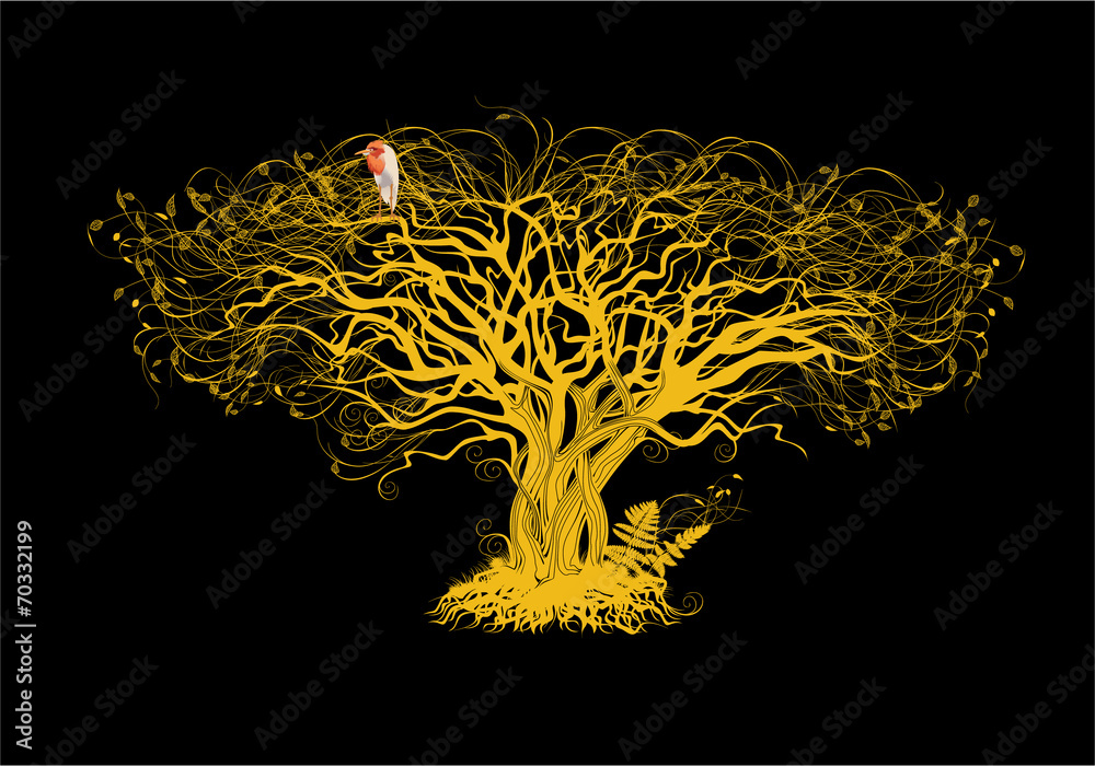 Fototapeta Żółta sylwetka drzewo na czarnym tle.