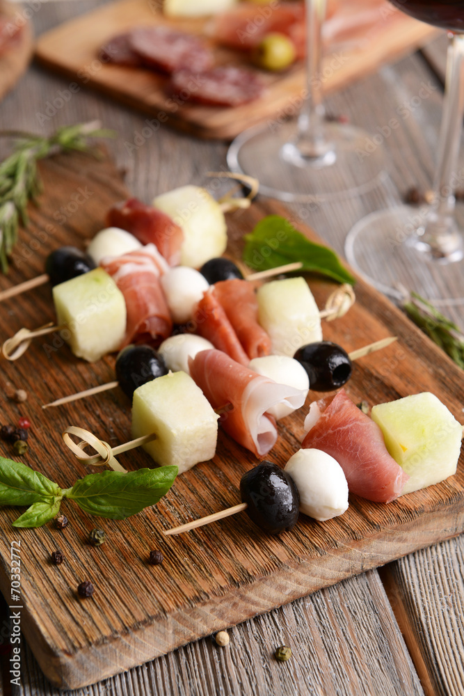 Delicious melon with prosciutto on table close-up Delicious melon with prosciutto on table close-up