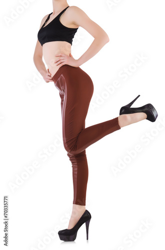 Woman legs wearing long stockings isolated on white