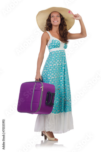 Woman traveller with suitcase isolated on white