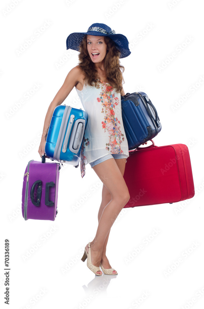Woman traveller with suitcase isolated on white