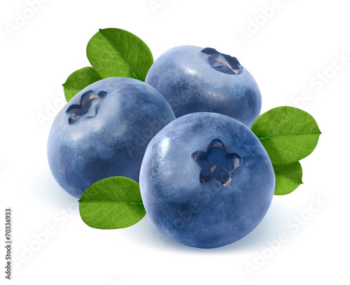 Three blueberry and leaves isolated on white background