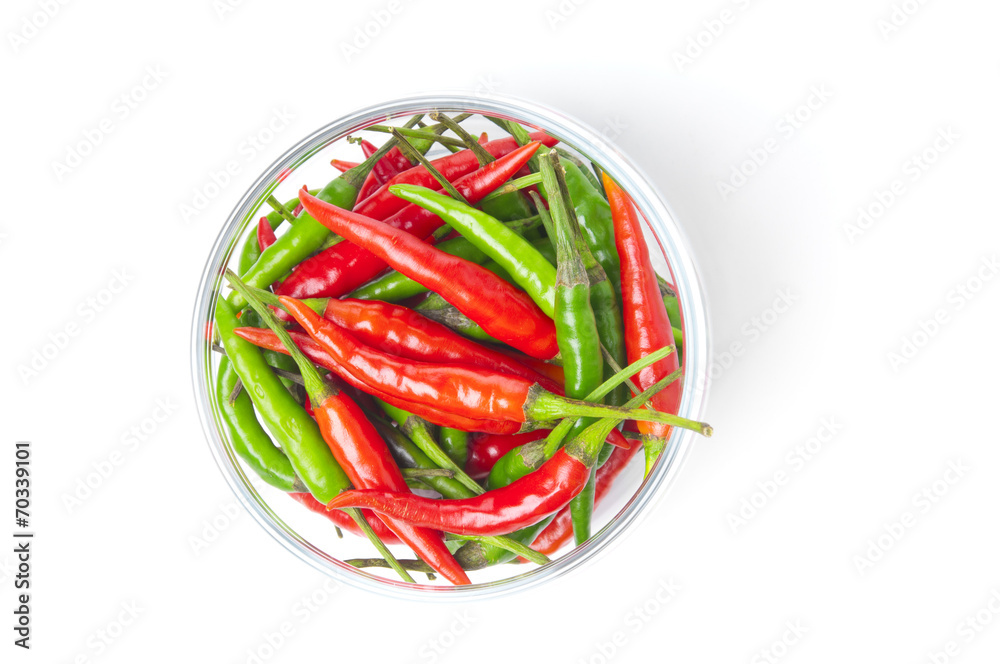 Hot peppers in bowl. Top view