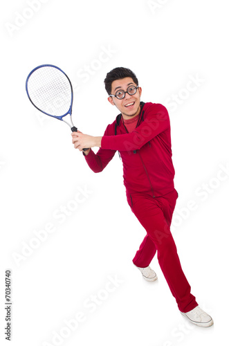 Funny tennis player isolated on white © Elnur