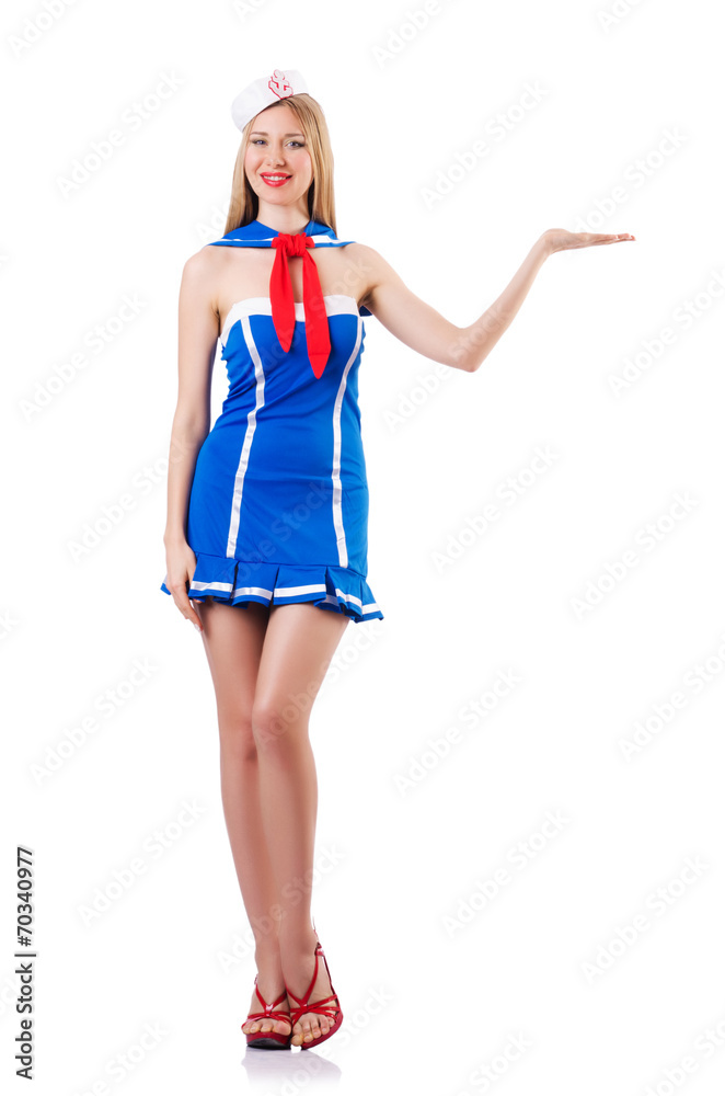 Young airhostess holding hands isolated on white Young airhostess holding hands isolated on white