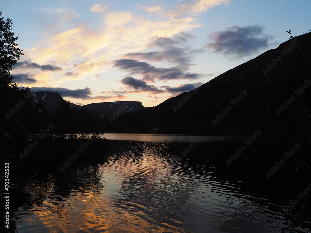 sunset on the mountain lake
