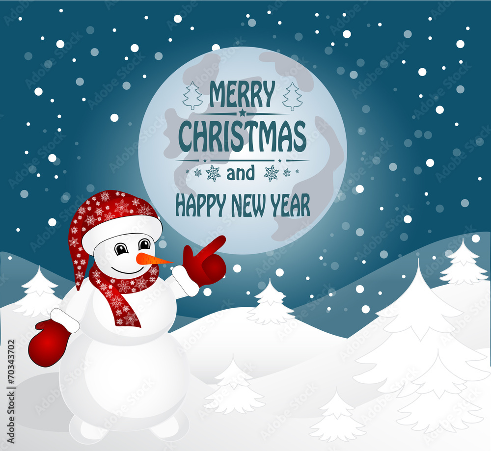 New year and Christmas card with a snowman