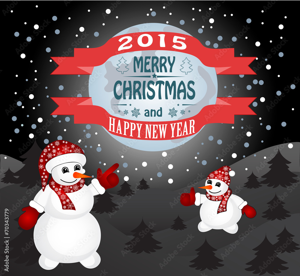New year and Christmas card with a snowman