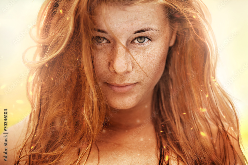 Summer portrait, beautiful freckled young woman with red hair Summer portrait, beautiful freckled young woman with red hair