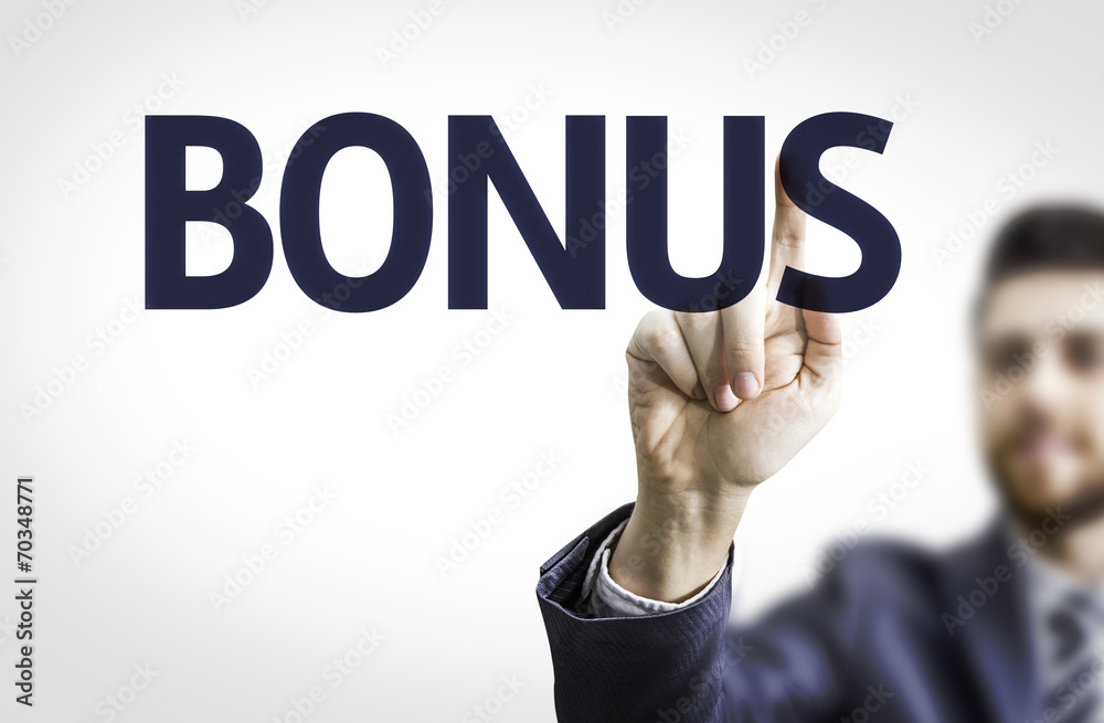 Business man pointing to transparent board with text: Bonus Business man pointing to transparent board with text: Bonus