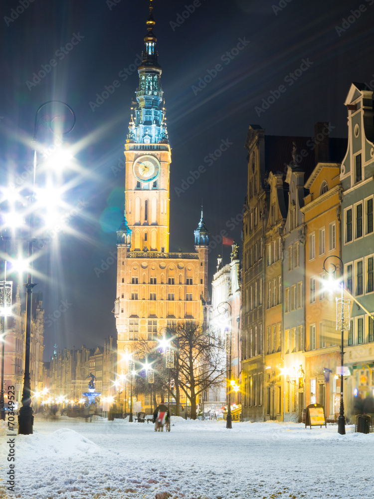 Fototapeta premium City hall old town Gdansk Poland Europe. Winter night scenery.
